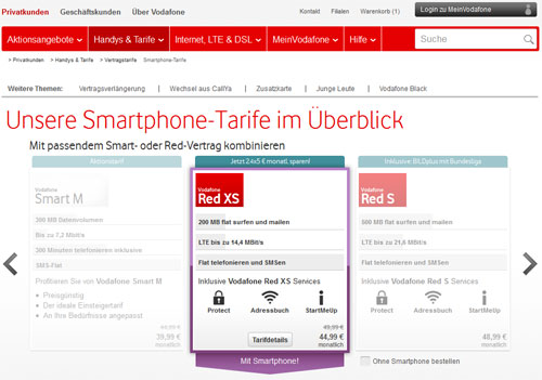 Screenshot von der Vodafone-Webseite